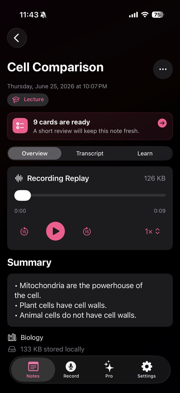 Ivory dark mode note detail showing replay controls, summary, and review cards ready.