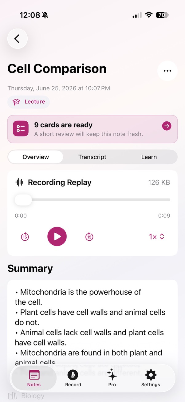 Ivory light mode note detail showing replay controls, a summary, and review cards.