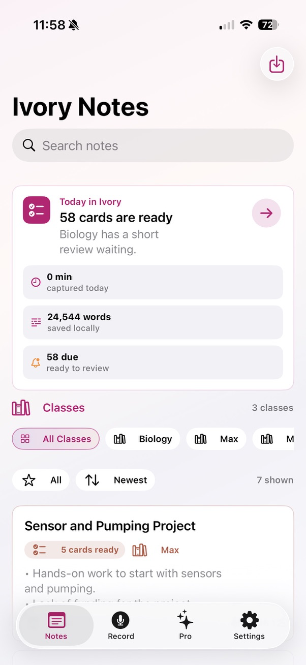 Ivory light mode notes screen showing Today in Ivory, class filters, and note cards.