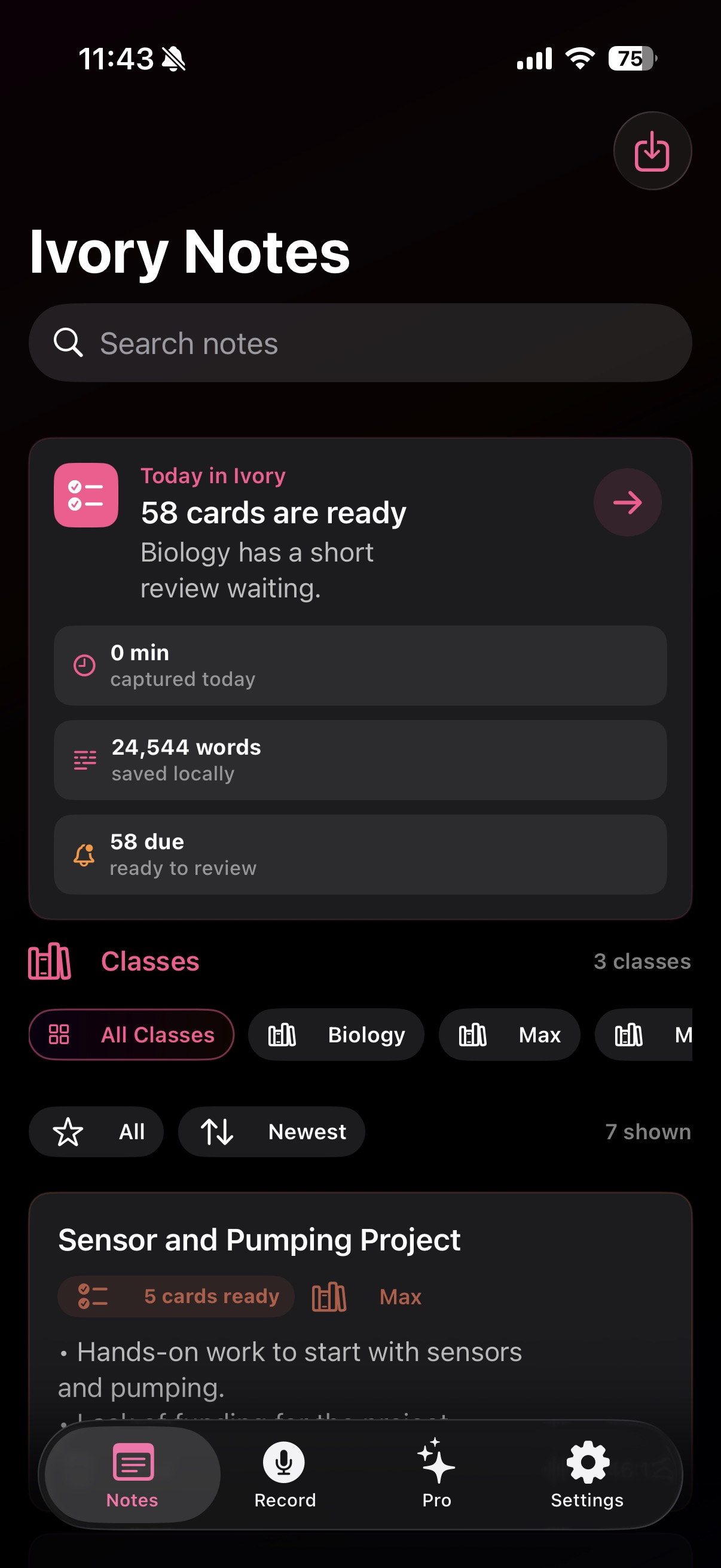 Ivory dark mode notes screen showing Today in Ivory, class filters, and note cards.