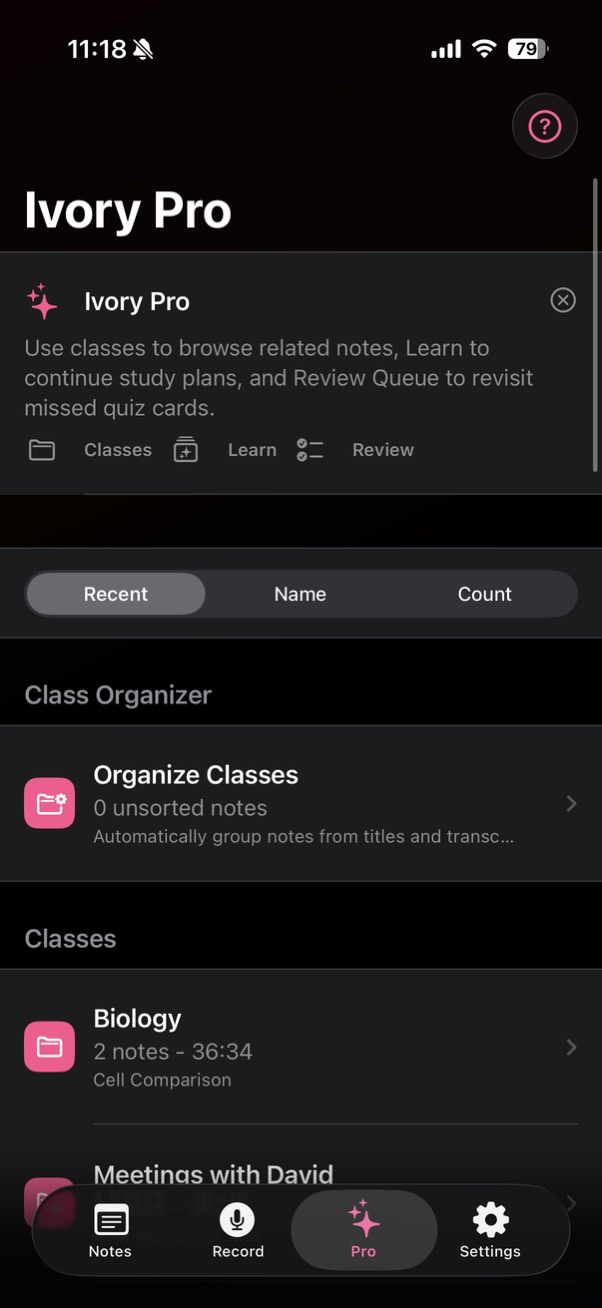 Ivory Pro dark mode screen showing class organizer, classes, and review tools.
