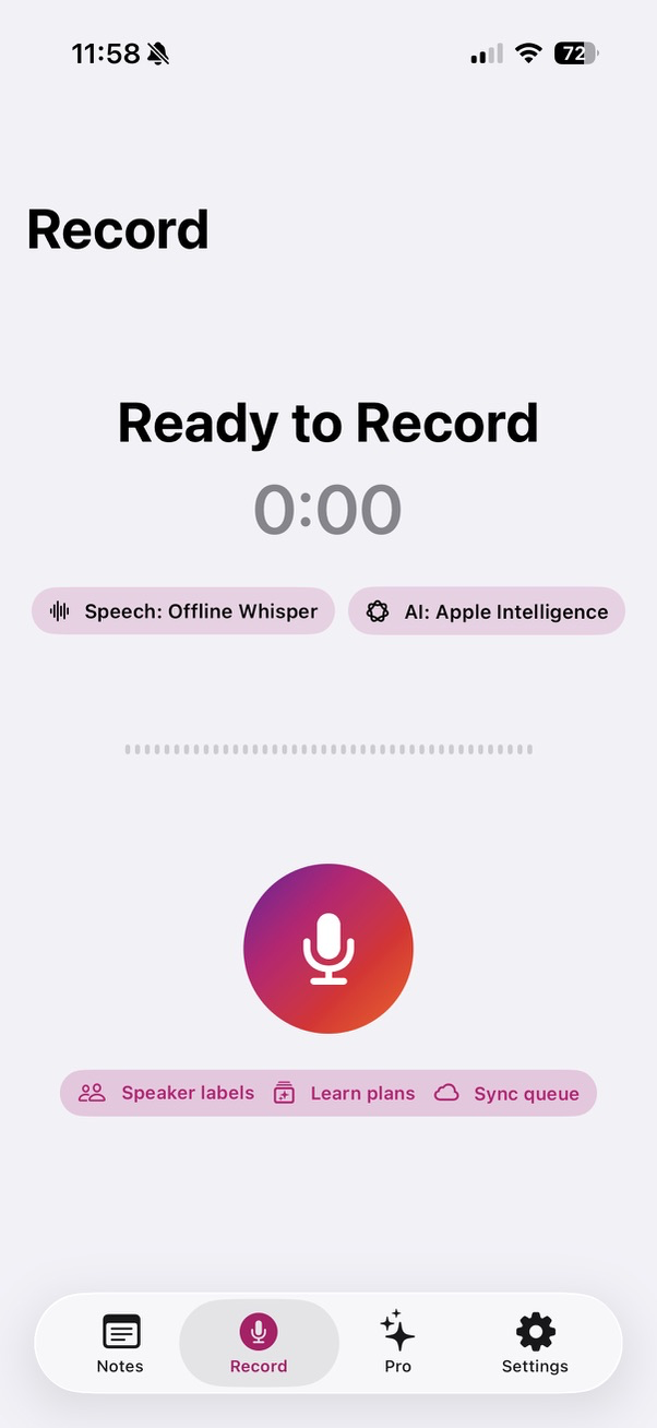 Ivory light mode record screen ready to record with offline speech and Apple Intelligence.