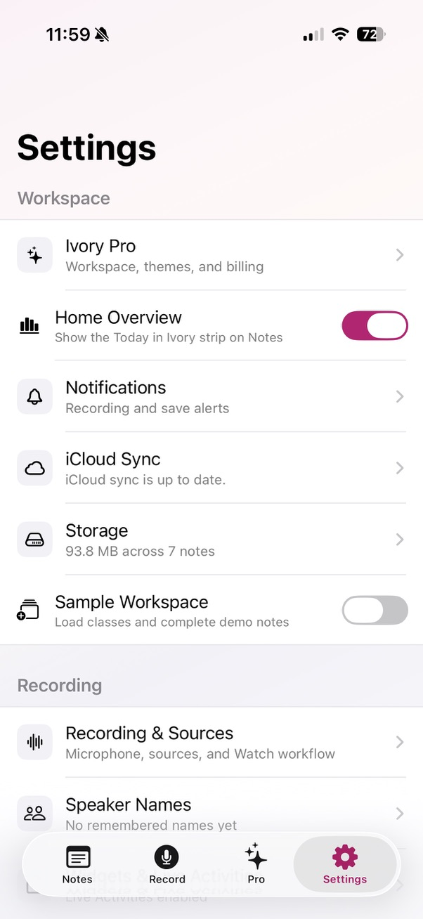 Ivory light mode settings screen showing Ivory Pro, iCloud Sync, storage, and recording sources.